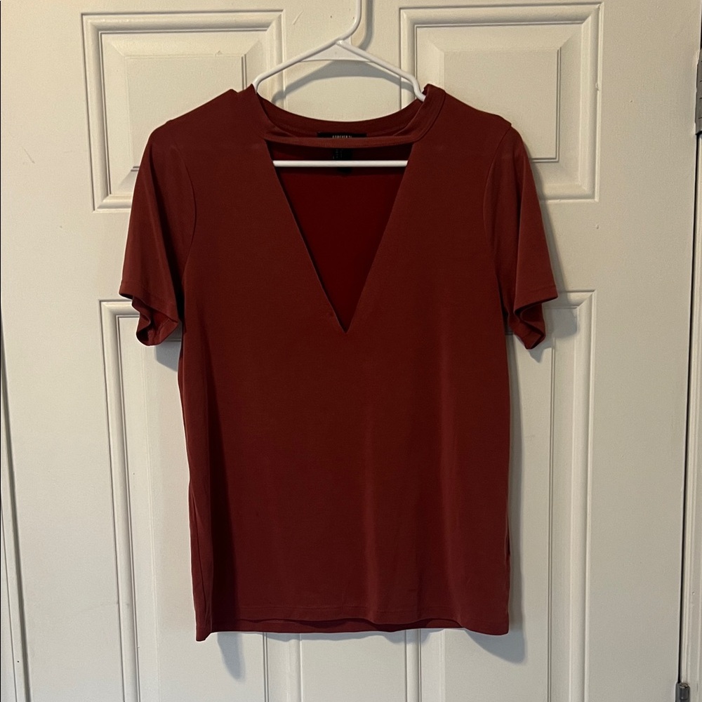 Forever 21 Deep V-Neck Short Sleeve Top in Rust